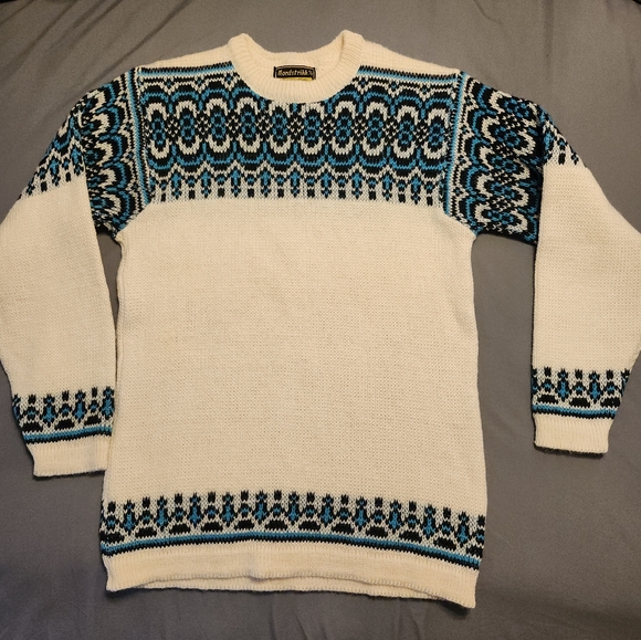 VINTAGE NORDSTRIKK FAIR ISLE WOOL CREAM/BLUE NORWAY SIZE LARGE UNISEX - Picture 3 of 9